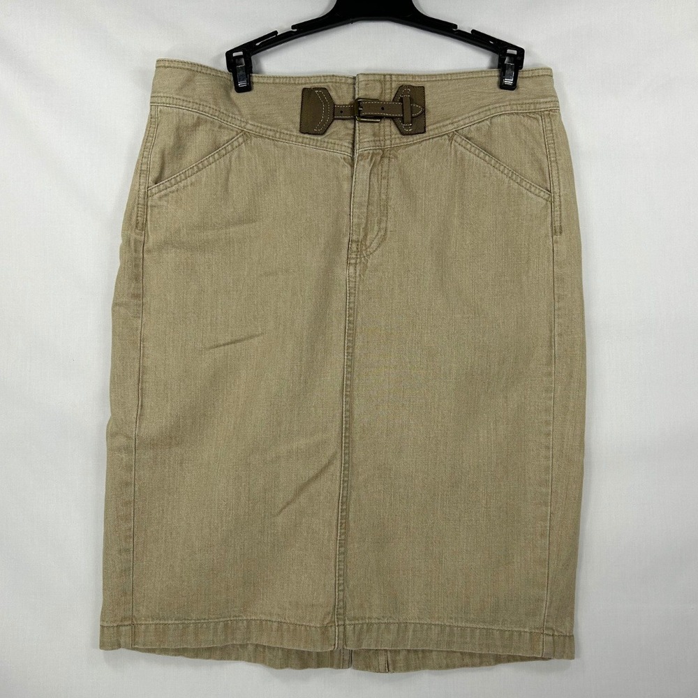 Vintage Lauren Ralph Lauren Khaki Pencil Skirt Y2K Leather Buckle Accent 6
